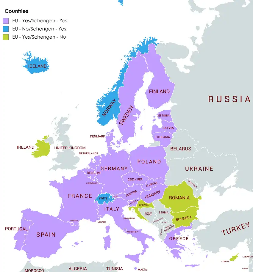 Schengen Birliği Üyesi Ülkeler Haritası